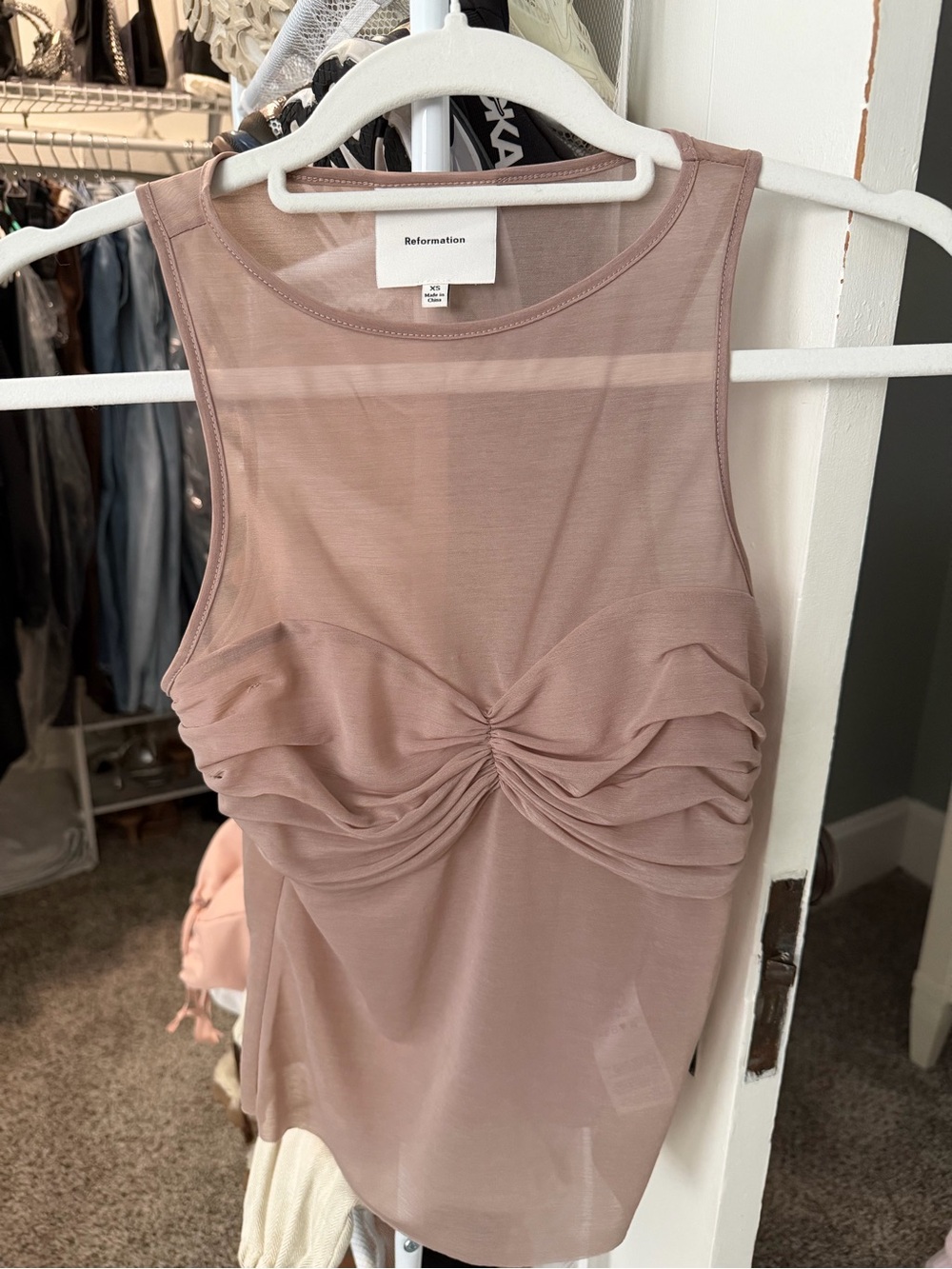 Reformation Dusty Mauve Ruched Sheer Tank